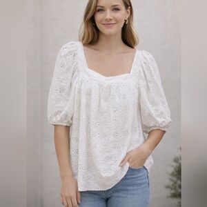 Vineyard Vines White Eyelet Puff Sleeve Blouse Square Neck Cotton Top Women’s Sm